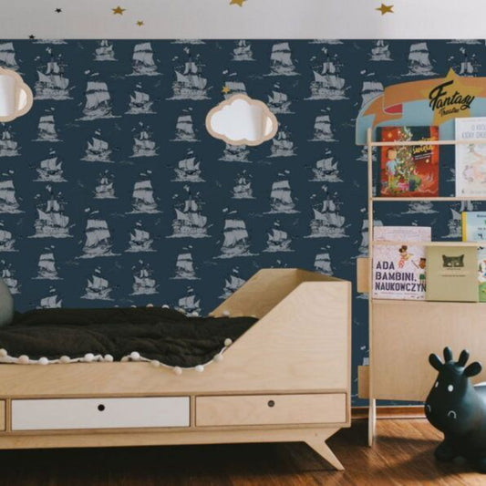 NAVY Blue Ships Wallpaper 100x280CM